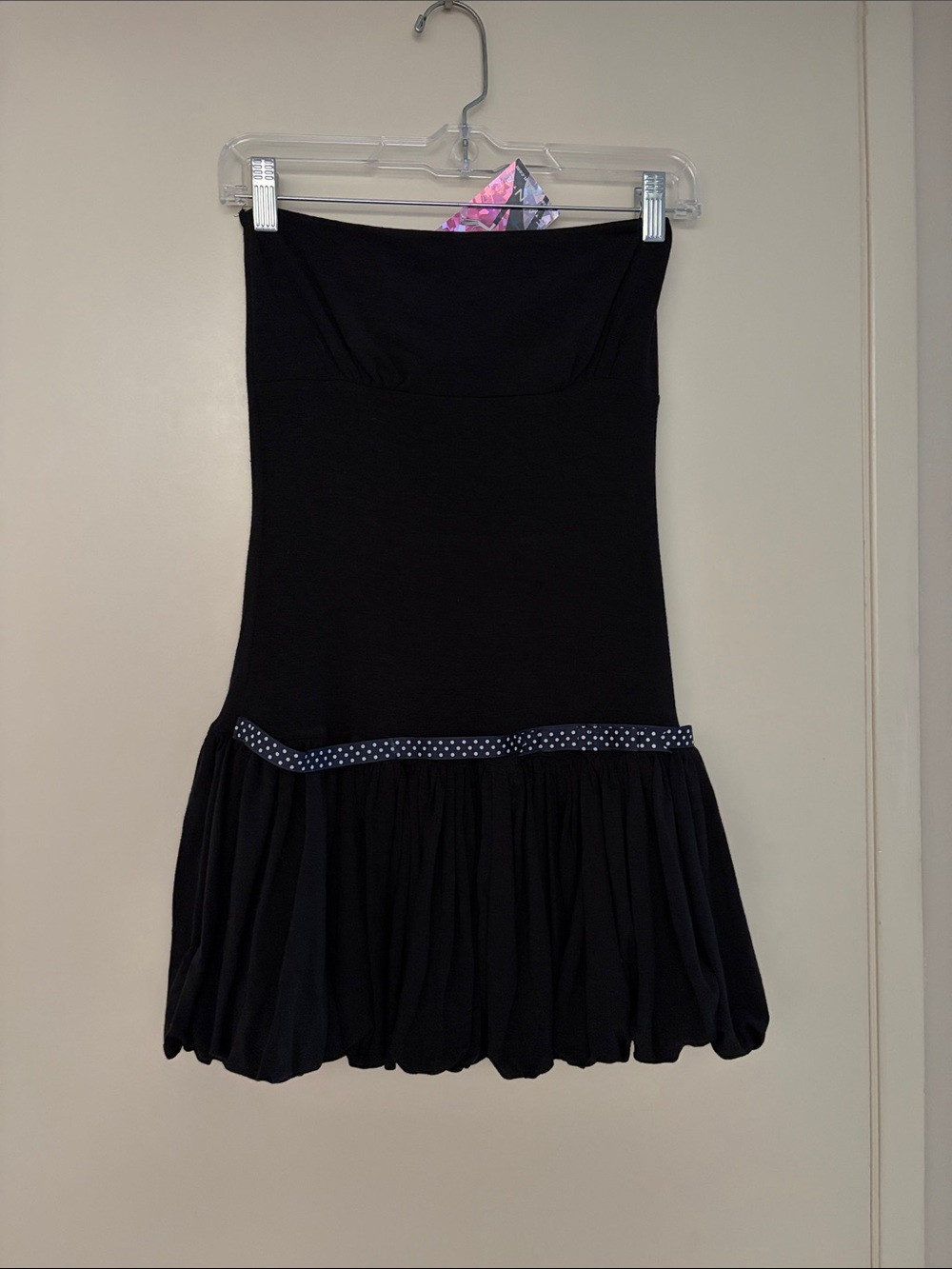 FANG Bubble Hem Strapless Black Polka-Trim Dress! Rayon Span knit! Vintage New!